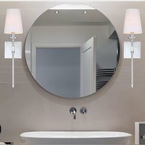 Set of 2 Modern Chrome Wall Lights White Fabric Shade Indoor Sconces